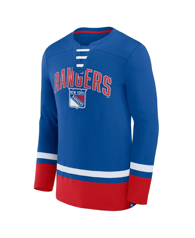 Men's Fanatics Blue New York Rangers Back Pass Lace-Up Long Sleeve T-shirt