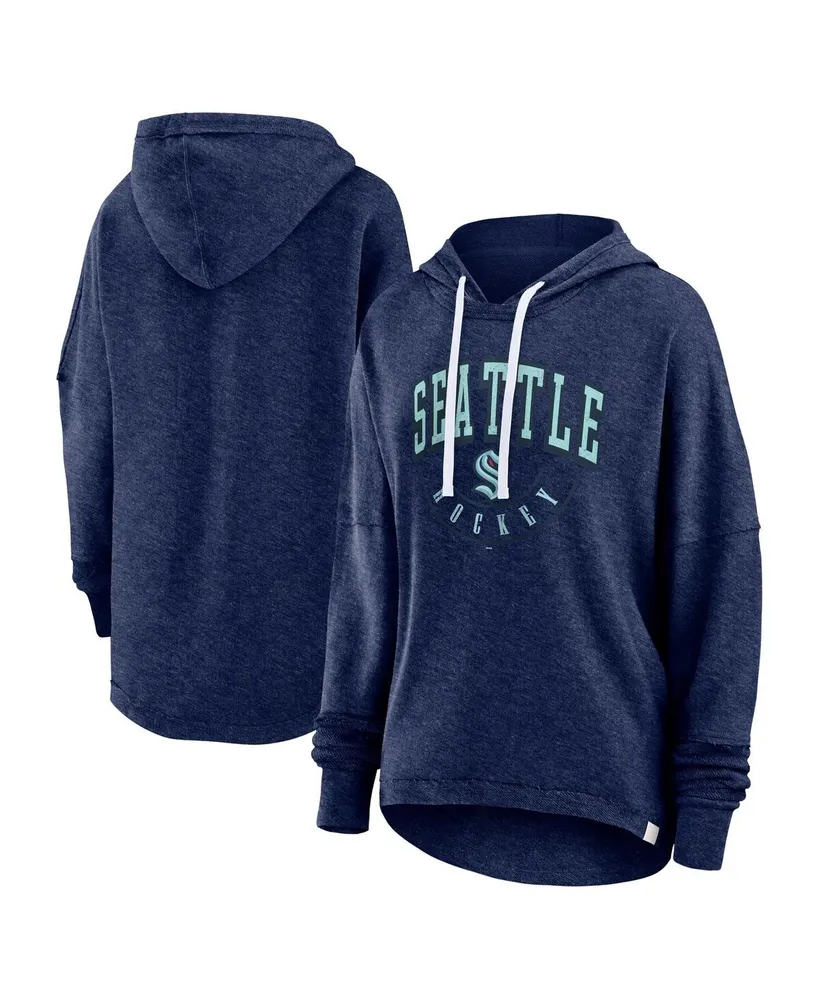 Women's Fanatics Heather Deep Sea Blue Distressed Seattle Kraken Lux Lounge Helmet Arch Pullover Hoodie