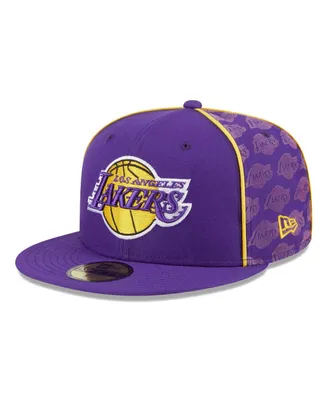 Men's New Era Purple Los Angeles Lakers Piped and Flocked 59Fifty Fitted Hat