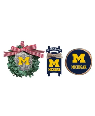 The Memory Company Michigan Wolverines Three-Pack Wreath, Sled and Circle Ornament Set