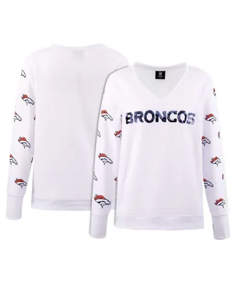 Women's Cuce White Denver Broncos Sequin Fleece V-Neck T-shirt