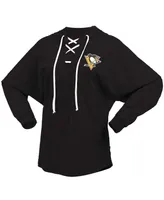 Women's Fanatics Black Pittsburgh Penguins Jersey Lace-Up V-Neck Long Sleeve Hoodie T-shirt