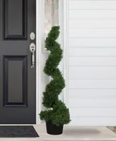 4' Artificial Cedar Spiral Topiary Tree in Black Pot Unlit