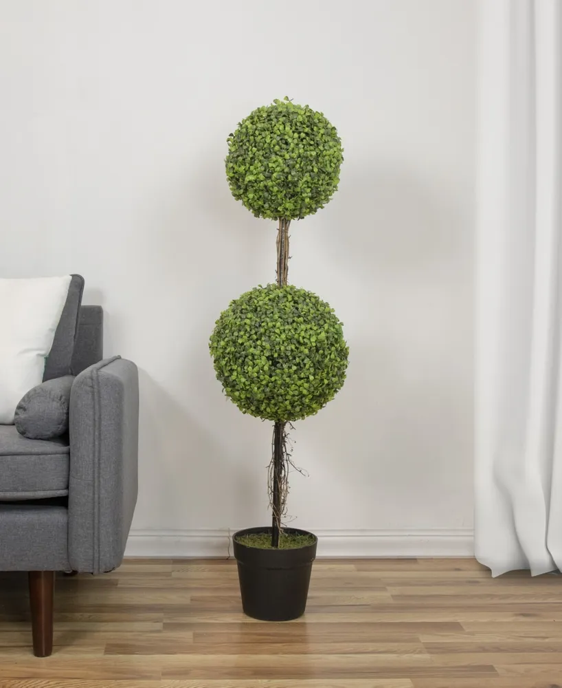 48" Two Tone Double Sphere Artificial Boxwood Topiary Potted Plant