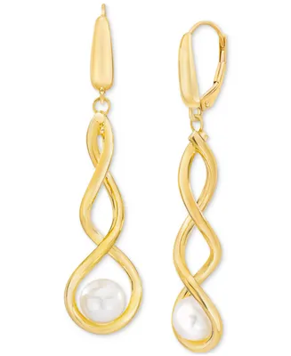 Cultured Freshwater Pearl (7-8mm) Twist Drop Leverback Earrings in 14k Gold