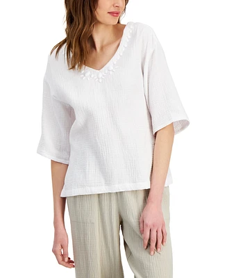 Jm Collection Petite Embellished Elbow-Sleeve Textured Cotton Top, Created for Macy's