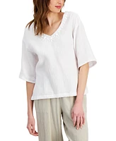 Jm Collection Petite Embellished Elbow-Sleeve Textured Cotton Top, Created for Macy's