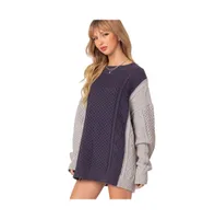 Women's Two tone oversized cable knit sweater - Navy-and