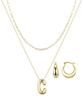 Unwritten 14K Gold Flash-Plated Puff Initial Layered Pendant Necklace and Hoop Earrings Set