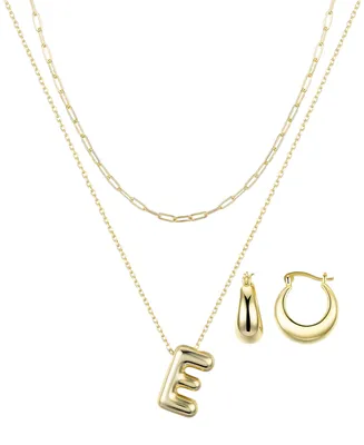 Unwritten 14K Gold Flash-Plated Puff Initial Layered Pendant Necklace and Hoop Earrings Set
