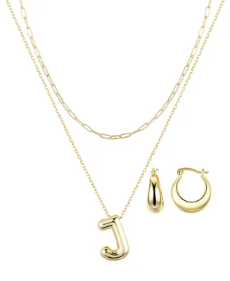 Unwritten 14K Gold Flash-Plated Puff Initial Layered Pendant Necklace and Hoop Earrings Set