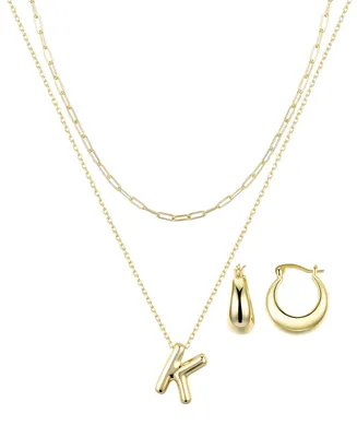 Unwritten 14K Gold Flash-Plated Puff Initial Layered Pendant Necklace and Hoop Earrings Set 