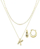 Unwritten 14K Gold Flash-Plated Puff Initial Layered Pendant Necklace and Hoop Earrings Set - Gold