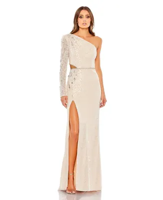 Women's Embellished One Sleeve Cut Out Gown