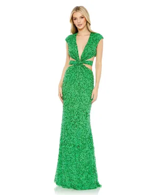 Women's Sequined Cap Sleeveless Plunge Neck Cut Out Gown