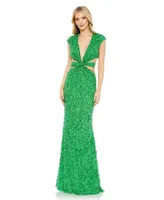 Women's Sequined Cap Sleeveless Plunge Neck Cut Out Gown