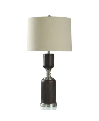 34" Wood Bridge Silver-Tone Mid-Century Modern Faux Wood Table Lamp