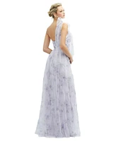 Floral Scarf Tie One-Shoulder Tulle Dress with Long Full Skirt