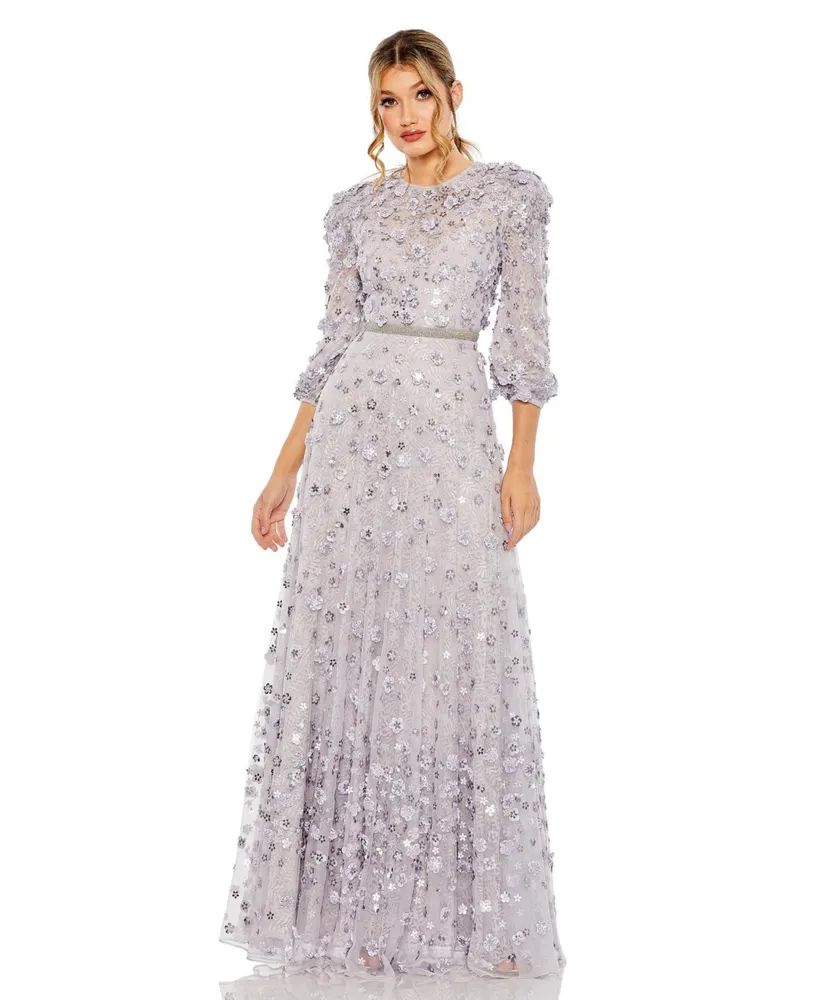 Women's Floral Applique Puff Sleeve High Neck A-Line Gown