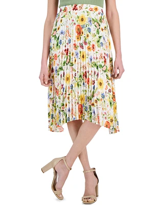 T Tahari Women's Floral-Printed Pull-On Pleated Midi Skirt