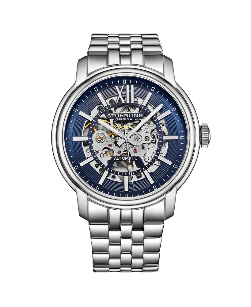 Men's Automatic Watch, Silver Tone Case on Five Row Brushed and Polished Silver Tone Bracelet, Blue Skeletonized Dial, with Silver Tone Accents