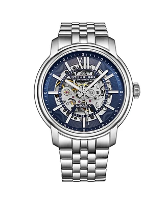 Men's Automatic Watch, Silver Tone Case on Five Row Brushed and Polished Silver Tone Bracelet, Blue Skeletonized Dial, with Silver Tone Accents