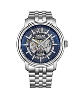Men's Automatic Watch, Silver Tone Case on Five Row Brushed and Polished Silver Tone Bracelet, Blue Skeletonized Dial, with Silver Tone Accents