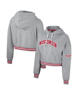 Women's The Wild Collective Heather Gray Distressed Wisconsin Badgers Cropped Shimmer Pullover Hoodie