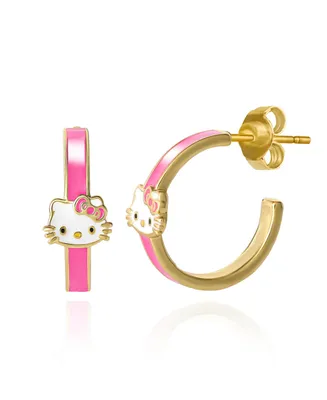Sanrio Hello Kitty Brass Flash Yellow Gold Plated Enamel Post Hoop Earrings - Pink Enamel