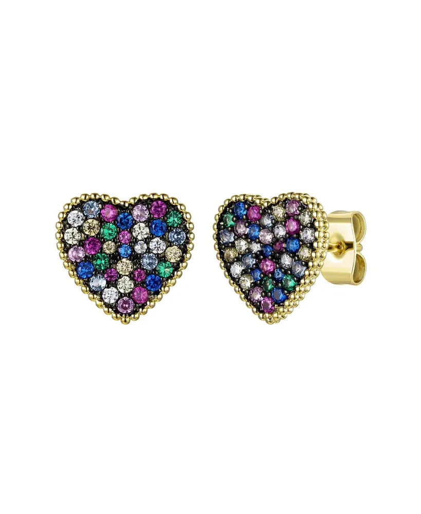 GiGiGirl Teens/Young Adults 14k Gold Plated with Multi-Colored Gemstone Cubic Zirconia Pave Heart Stud Earrings