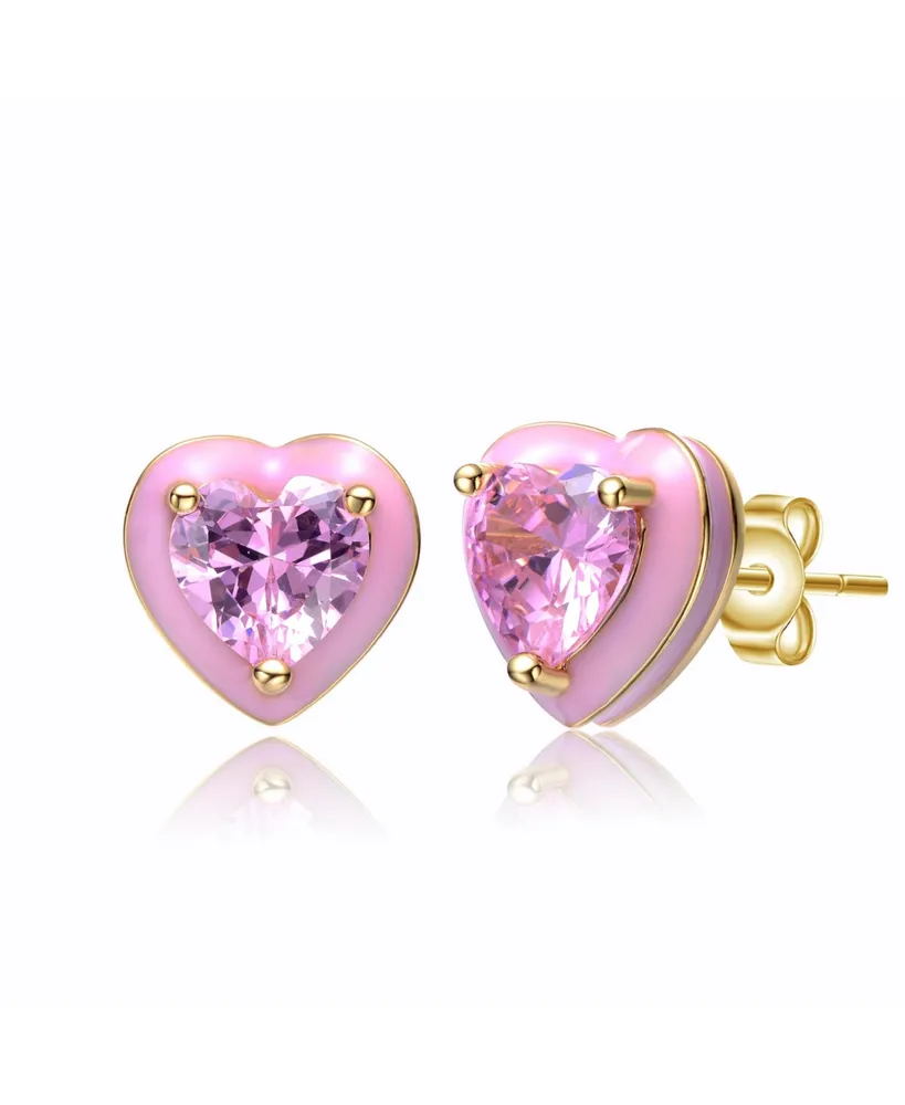 GiGiGirl Young Adults/Teens 14k Yellow Gold Plated with Pink Morganite Cubic Zirconia Pink Enamel Halo Heart Stud Earrings