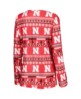 Women's Concepts Sport Scarlet Nebraska Huskers Holiday Long Sleeve T-shirt and Pants Sleep Set