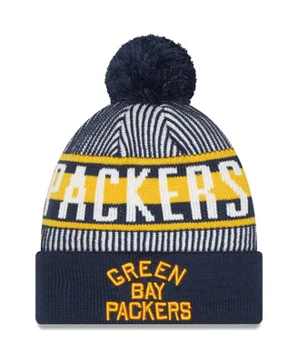 Men's New Era Navy Green Bay Packers Striped Cuffed Knit Hat with Pom