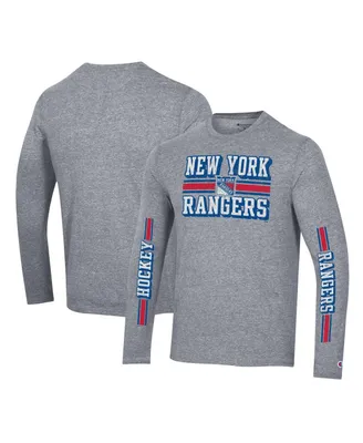 Men's Champion Heather Gray Distressed New York Rangers Tri-Blend Dual-Stripe Long Sleeve T-shirt