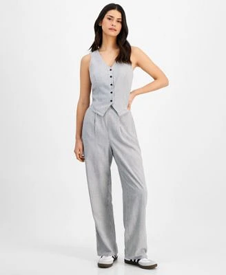 Now This Womens Striped Button Front Vest Striped Wide Leg Pants