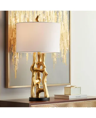 Organic Sculpture 29" Tall Modern Glam Luxury End Table Lamp Gold Finish Single Fabric White Shade Living Room Bedroom Bedside Nightstand House Office