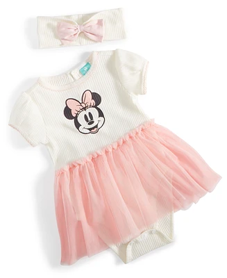Disney Baby Girls Minnie Mouse Ribbed Bodysuit Tulle Dress & Headband, 2 Piece Set