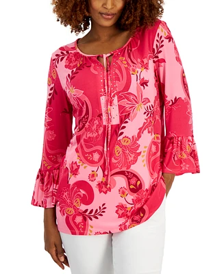 Jm Collection Women's Printed Embellished Tunic with Ruffle Sleeves, Created for Macy's