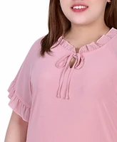 Ny Collection Plus Size Short Ruffled Sleeve Crepe Knit Top with Chiffon Sleeves