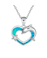 Bling Jewelry Gemstone Created Blue Opal Inlay Nautical Ocean Marine Hawaiian Vacation Heart Starfish Sea Life Dolphin Dangling Pendant Necklace Sterl