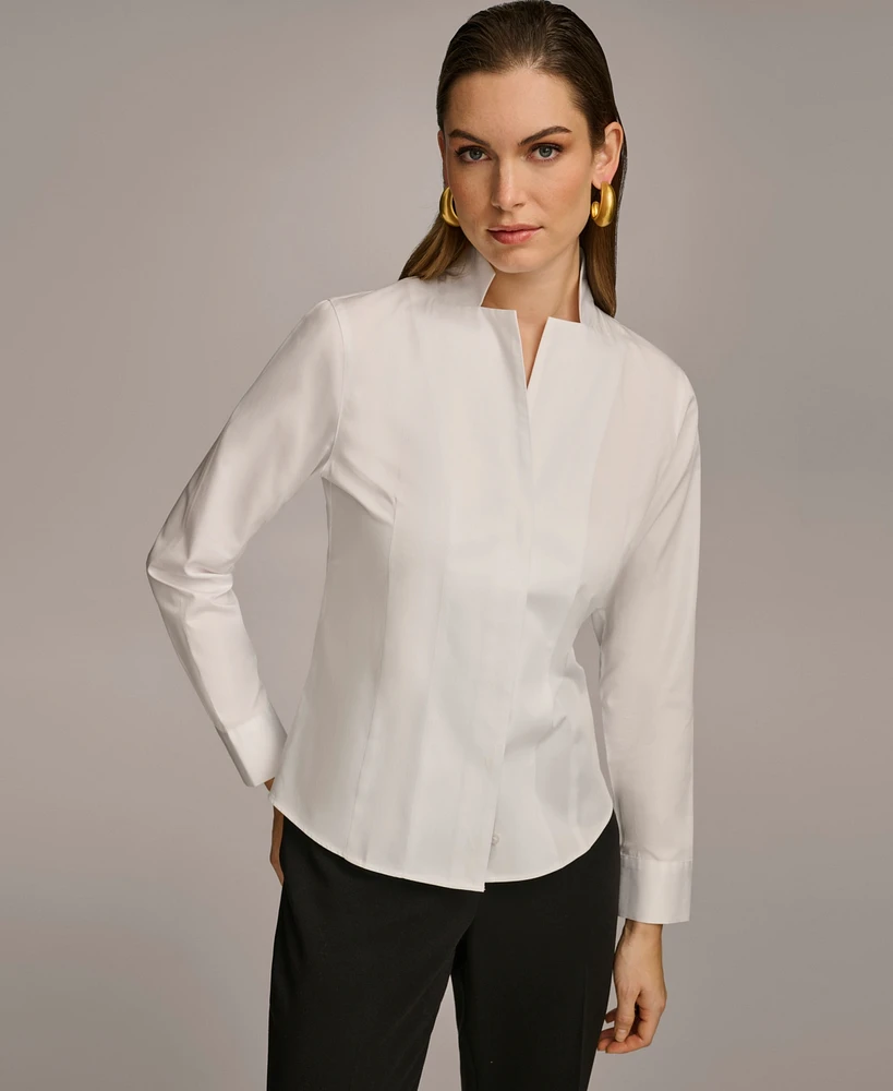 Donna Karan Women's Stand Collar Button Front Cotton Shirt