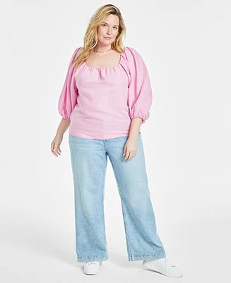 On 34th Trendy Plus Linen-Blend Volume-Sleeve Top, Created for Macy's