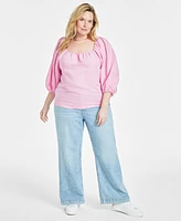 On 34th Trendy Plus Linen-Blend Volume-Sleeve Top, Created for Macy's