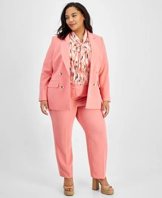 Bar Iii Plus Size Printed Bow Tie Sleeveless Blouse Textured Crepe One Button Faux Double Breasted Jacket Textured Crepe Straight Leg Pants Created For Macys
