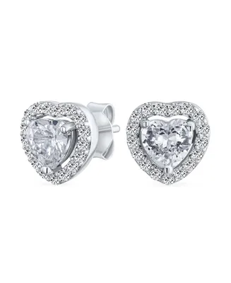 Cubic Zirconia Heart Shaped Stud Earrings Halo Bezel Set Cz For Women For Girlfriend .925 Sterling Silver