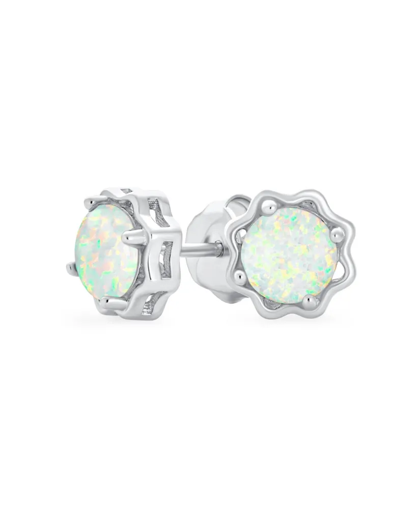 Gemstone Round 1.5 Ctw Solitaire Created White Opal Stud Earrings For Women Flower Basket Setting .925 Sterling Silver October Birthstone