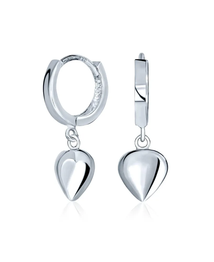 Delicate Romantic .925 Sterling Silver Dangle Puff Heart Shaped Charm Huggie Hoop Earrings For Women For Girlfriend