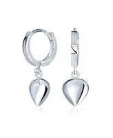 Delicate Romantic .925 Sterling Silver Dangle Puff Heart Shaped Charm Huggie Hoop Earrings For Women For Girlfriend
