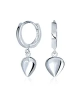 Bling Jewelry Delicate Sterling Silver Dangle Puff Heart Shaped Charm Huggie Hoop Earrings For Women For