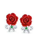 Romantic Delicate Floral Blooming Flower Emerald Green Cz Bow Ribbon 3D carved Red Rose Stud Earrings For Women For Teen .925 Sterling Silver